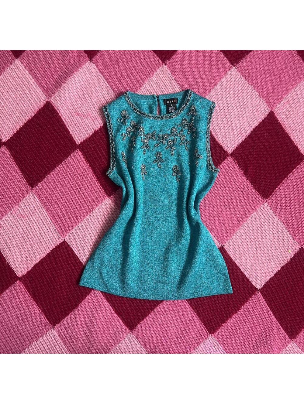 y2k shimmery teal beaded silk knit top